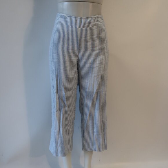 Women Avenue Montaigne Alex Blue White Linen Blend Stipe Pull-On Flared Pants 4 - Picture 1 of 11